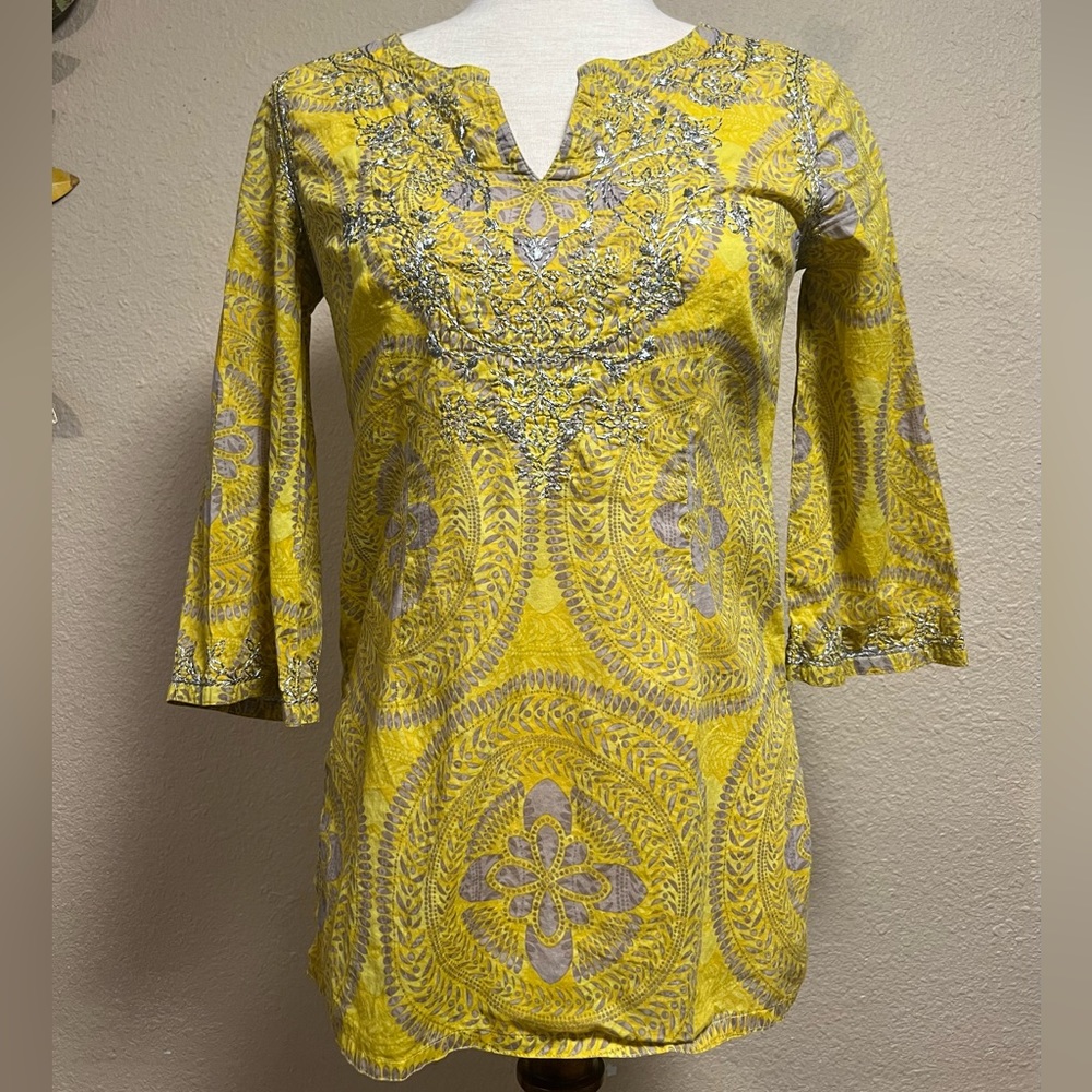 I.N.C International Concepts Petite Yellow Embroidered Pattern Print Top